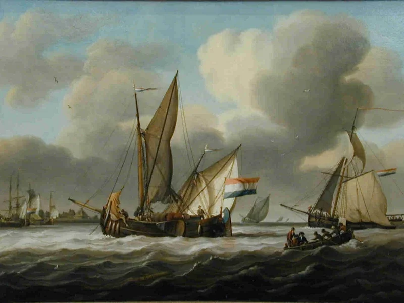 1753-David Kleyne - Un mercantile e un cutter all'ancora in una rada sconosciuta